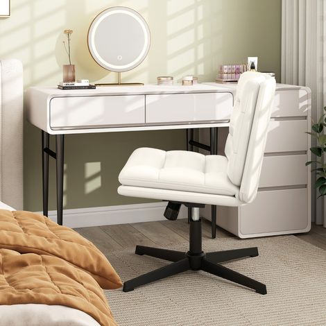 Fauteuil de Bureau Sans Roues Chaise de Bureau Sans Accoudoirs Réglable en Hauteur Pivotante à 360° en Simili Cuir Blanc (1/3)