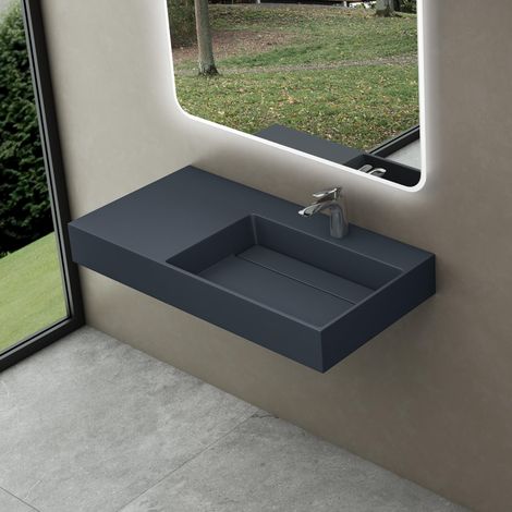 doporro Lavabo Bagno Sospeso Lavabo da Appoggio Rettangolare in Marmo Resina Antracite Opaco, Vasca a Destra 100x48x13 cm con 1 Foro Rubinetto e Piletta Scarico, Colossum12