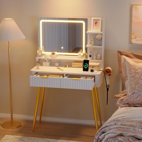 Coiffeuse Bois avec Miroir LED,3 Tonalités Réglable(Blanc) (1/5)