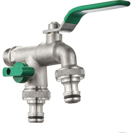 Robinet de Jardin Double Sortie 1/2" 3/4" en Laiton Double Raccord et Embout de Tuyau Convient pour Jardin, Ménage et Industrie (1/5)