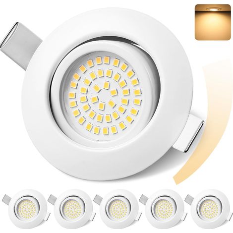Spot Encastrable LED 6W IP44 Extra Plat Spot LED Dimmable 68mm Réglable 45° Spot de Plafond Blanc Chaud 3000K Éclairage Encastré pour Salon Cuisine Salle de Bain, Lot de 6, Blanc (1/5)