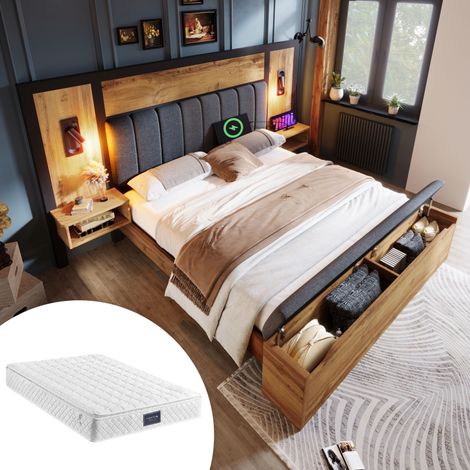 Lit double 160x200 – Lampe lecture + USB-C – Banc rangement – Sommier métal/bois – Chêne/lin – Avec matelas (1/5)