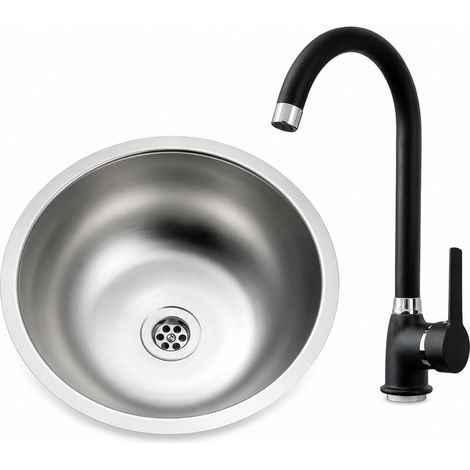 Fregadero de cocina redondo de 34 cm con grifo cromado negro, de acero inoxidable, lavabo compacto ideal para caravanas, autocaravanas, barcos y cocinas pequeñas. (1/5)