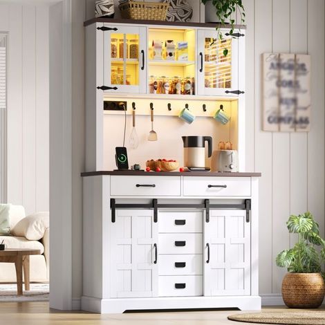 Buffet 180 x 108 x 40 cm Enfilade prise électrique 6 tiroirs étagères réglables éclairage LED plan de travail crochets coloris blanc (1/5)