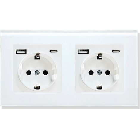 Glas-Wandsteckdose mit USB-Anschluss und einer alternativen Steckdosenleiste mit USB-C-Anschluss, 2,1 A Stromstärke, 16 A, 240 V, 157 mm, Weiß (1/5)