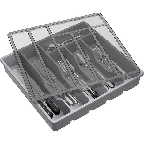 Briznsn Boîte de rangement pour couverts, boîte à couverts avec couvercle, solution de rangement pour les tiroirs et les plans de travail de la cuisine, gris (1/4)