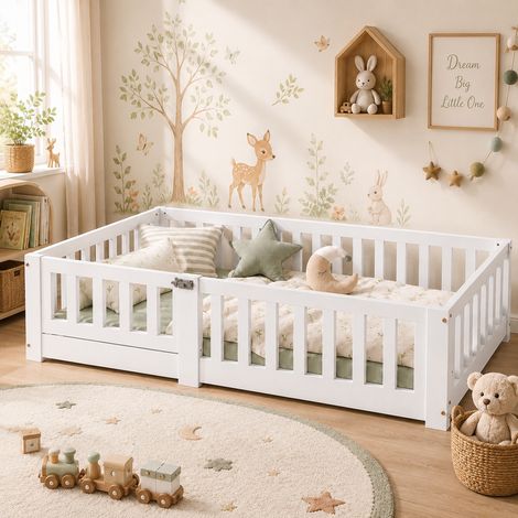 Lit enfant 120x200 cm avec sommier à lattes, Lit au Sol en pin massif blanc avec barrières anti-chute, Lit Montessori pour Garçon et Fille