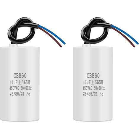 2 Pièces CBB60 10uF 450V 50/60Hz Condensateur Démarrage Moteur 34x65mm, Condensateur Moteur AC, Remplacement Universel pour Sèche-Linge Pompe Ventilateur Compresseur Machine à Laver avec Fils (1/5)