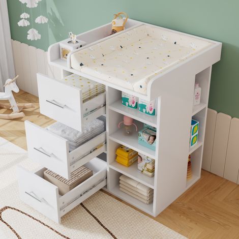 Commode à langer bébé 80x75x100 cm avec 3 tiroirs étagères réglables MDF blanc