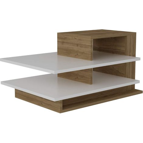 Table basse fixe 2 niveaux – Structure mélamine 18 mm – Dimensions L. 85 x l. 60 x H. 43,6 cm – Design scandinave blanc et marron noix – Toilinux (1/10)