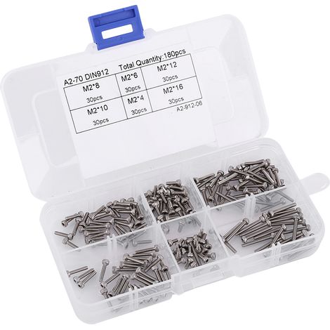 Lot de 180 vis à tête hexagonale creuse M2 noires en acier inoxydable 304, diamètre 4-16 mm (1/5)