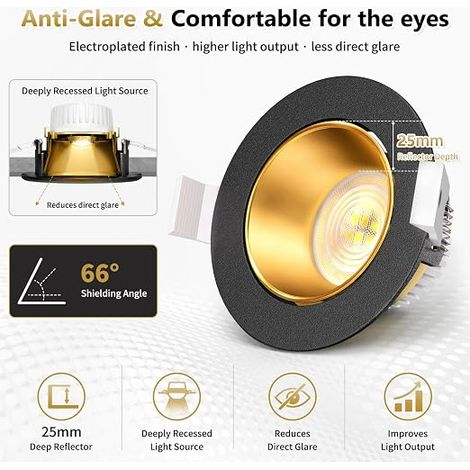 Spot LED Encastrable 230V Dimmable, 5W 550LM 3000K/4000K/6500K, Plafond Orientable, Réflecteur Profond, Module Amovible, 38°/120°, Trou Ø75-80mm, Noir Or (1/3)