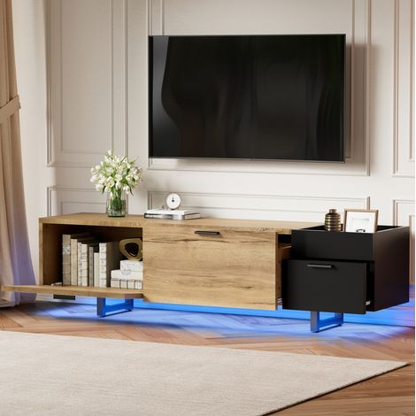 Mueble TV 180 x 38 x 49 cm de madera de ingeniería negro y madera natural con LED HAVRYA (1/5)