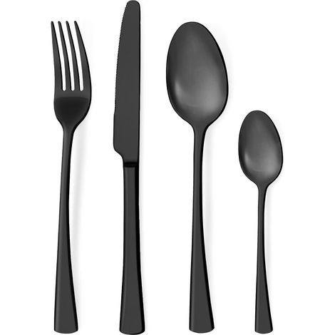 set couverts de table noir personnes, ensemble de couverts inox pièces, Comprend des couteaux/fourchettes/cuillères, fini mat et lavable au lave-vaisselle, facile à nettoyer (1/5)