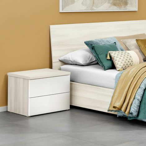 Comodino Melodia 2 cassetti senza maniglie in rovere sbiancato e bianco lucido (1/3)