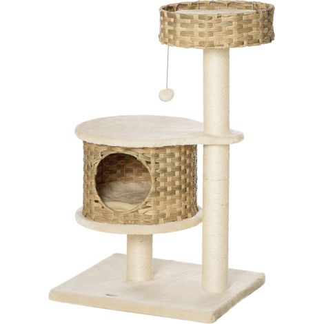 Arbre à chat 95 cm avec grotte, balle, poteaux en sisal, grande plateforme, griffoir multi-niveaux, arbre à grimper pour chat - Naturel et beige (1/5)
