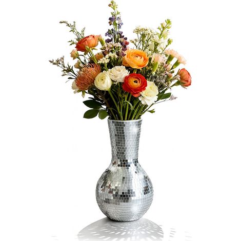 Vase Disco, Effet Miroir, HxD 28x14 cm, Vase mosaïque Rond, déco Table, Scintillant, argenté (1/5)