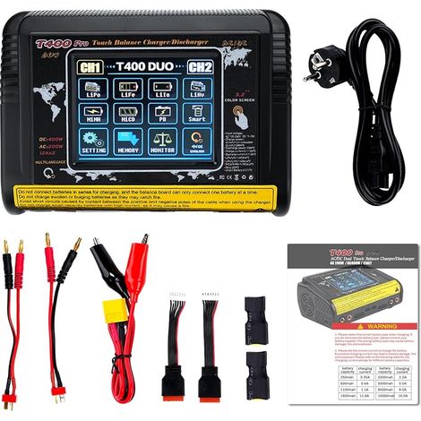Chargeur Lipo équilibreur RC Chargeur Batterie lipo Double Chargeur DC/AC 11-18V 400W AC 100-240V 200W Détection Auto LiPo/Lilon/Life/NiMH/NiCd/PB/NiMH Écran Tactile LCD 3,2 Pouces 12A (T400) (1/5)