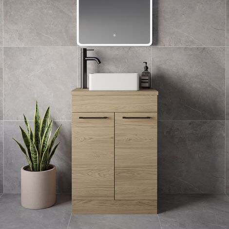 Napoli 390 Light Oak 600mm 2 Door Vanity Unit for Countertop Basins - 600mm - Matt Black 160mm Handle