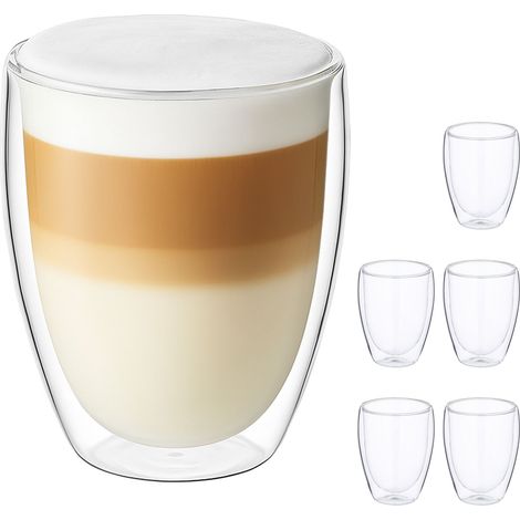 Relaxdays Vasos de Doble Pared para Latte Macchiato, Set 6, Vidrio, 350 ml, Aptos para Lavavajillas, Café, Transparente