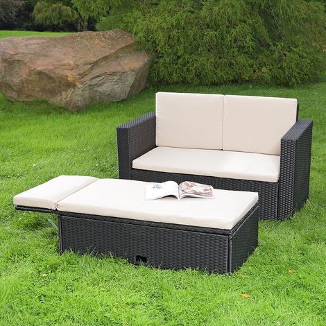 Polyrattan Gartensofa und klappbare Fußbank Lounge Sessel Gartenmöbel schwarz (1/5)