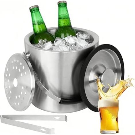 2.0L Seau à Glace en Acier Inoxydable, Bac a Glacons avec Couvercle, Seau à Glace avec Couvercle et Clip a Filtre, Champagne Cooler, pour Bar Fêtes Barbecues,Pique-niques, Bar (1/5)