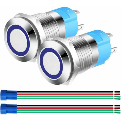 2pcs 12mm Stainless Steel Momentary Push Button, 12V-24V 3A Normally Open SPST on Off Waterproof Lever Switch with Socket Plug (Blue LED) (1/5)