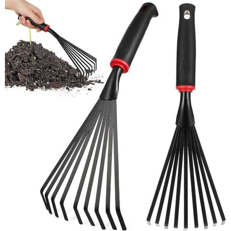 Lot de 2 râteaux de jardin à manche court, petits râteaux à main en métal pour pelouse et jardin, outils de jardinage à main (1/4)