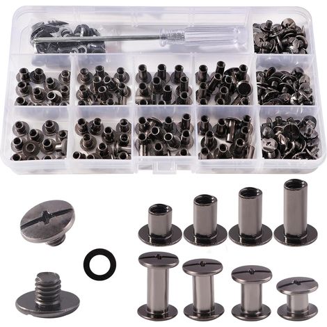 100 Set M5 x 5/8/10/12 mm Chicago Vis Assortiment Kit, 4 Tailles Kit de Rivets pour Cuir Cruciforme avec Tournevis, pour DIY, Décoration de Cuir, Réparation de Reliure, Nickel Noir (1/5)