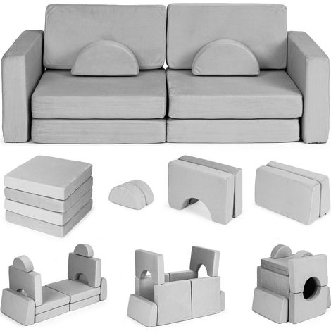 Gran sofá modular plegable de 2 plazas para niños DIY con 10 suaves almohadas - gris ECOTOYS