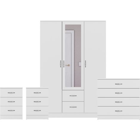Riano 4 Piece Bedroom Set (3 Drw Bedside Chest, 4 Drw Chest, 3 Dr 2 Drw Mirrored Wardrobe), White (1/3)