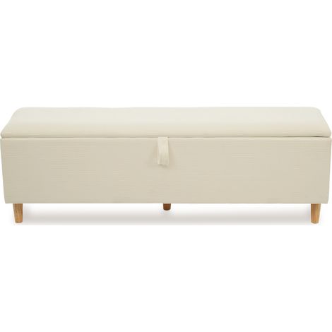 Lit double beige et chêne 140x200 cm en tissu côtelé avec tête de lit LED, rangement et banquette coffre, pour chambre et suite (1/4)