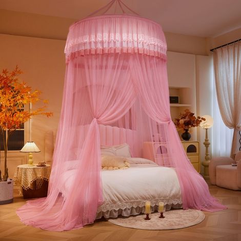 Voile de lit moustiquaire dôme suspendu, sans montage, avec zip et relevage, tente ronde de chevet palais du sol au plafond, été. (1/2)