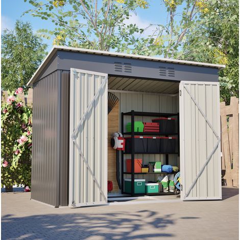 Abri de jardin métal 242x126x182 cm gris, avec rangement, porte verrouillable pour jardin FLORAGRACE (1/5)