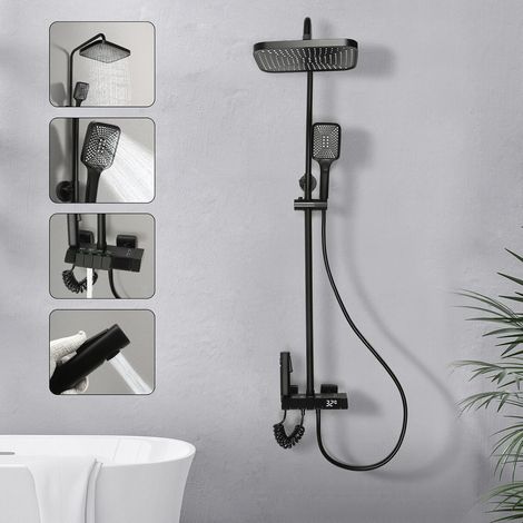 Digital LED Duscharmatur Duschsystem Schwarz Regendusche Duschset Mischbatterie brause Mit Regendusche Top Spray, Hochdruck SprüHpistole, Wasserhahn, Handspray, 33.46-47.24inch Einstellbar