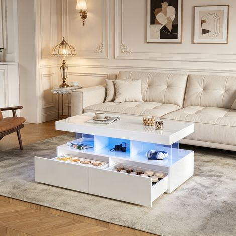 Moderner Couchtisch mit RGB-LED-Beleuchtung und 2 Schubladen, zwei Ebenen, Weiß