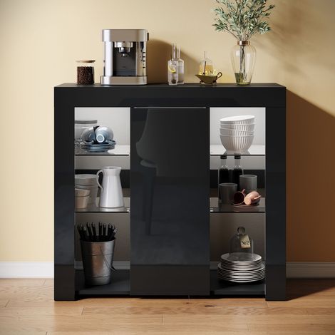 SONNI Sideboards Aufbewahrungsschrank mit 1 Tür, offenes Fach, verstellbare gehärtetes Glas Küchenschrank, LED-Funktion, 90x35x83cm, Schwarz (1/5)