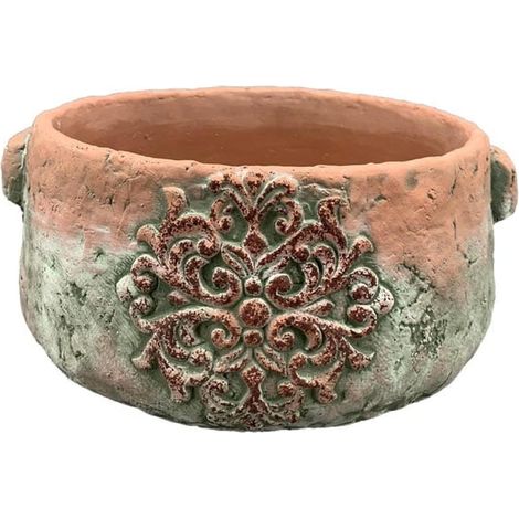 Pot de fleurs rond rustique en béton avec ornement, décoration de jardin