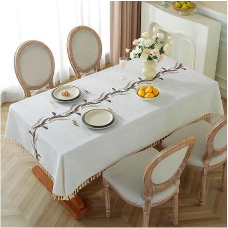 Nappe carrée en coton et lin, imperméable et infroissable, style champêtre, pour table de salle à manger, nappe en tissu doux avec pompons, beige, 140 x 140 cm, 4 à 6 personnes (1/5)