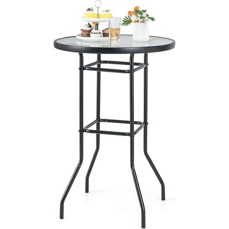 COSTWAY Table de Jardin Ronde en Verre Trempé 97 CM, Table de Bar avec Cadre en Métal Robuste, Table à Manger d'Extérieur Moderne pour Terrasse Jardin Balcon et Cour, Noir (1/5)