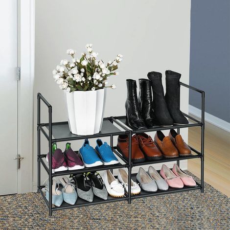 Black Wrought Iron Non-woven Three-tier Large Open Shoe Rack 89.6cm W x 30.4cm D x 57.4cm H (1/5)