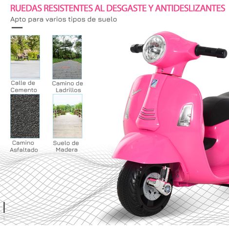 Moto Vespa électrique pour enfants, adaptée aux bébés de 18 à 36 mois, alimentée par une batterie 6V, avec phare, klaxon et quatre roues, mesurant 66,5 x 38 x 52 cm, rose. (1/5)