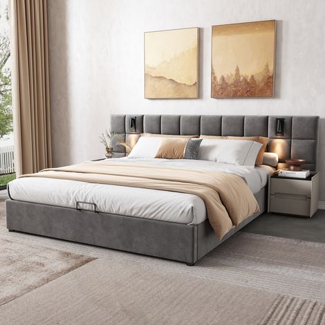 Polsterbett Samt Grau 160x200 cm mit Stauraum, USB-Anschluss, Leselicht und Lattenrost