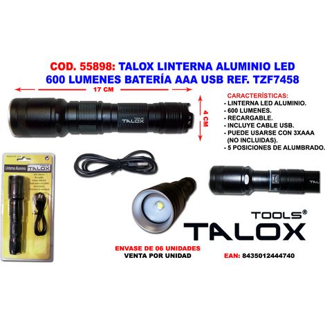 talox linterna recargable alu led 600 lumen bat aaa usb tzf7458