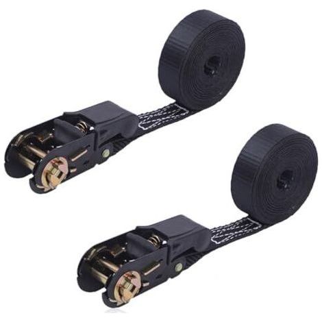 Sangles d'arrimage à cliquet, lot de 2, 8 m x 25 mm, avec sangles de fixation. Sangles d'arrimage à cliquet pour motos, voitures et remorques. Charge admissible : 400 kg