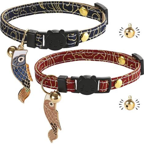 Lot de 2 colliers pour chat avec fermeture rapide Collier pour chat en cuir Fait à la main avec clochette Boule dorée Design japonais Réglable Lot de 2 (1/5)