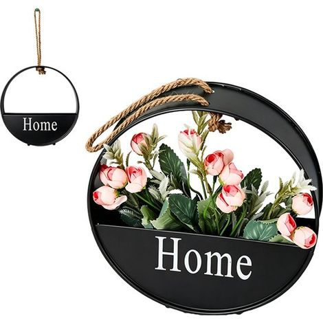 Décoration murale - Décoration murale en métal - Pots suspendus - Fer noir - Avec inscription « Home » - 21 cm - Rond - Pour salon, cuisine, plantes d'intérieur - Noir (1/5)
