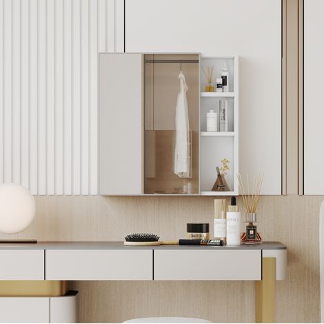 Wandspiegelschrank 55x56 cm weiß aus MDF und Glas mit unterteiltem Stauraum (1/5)