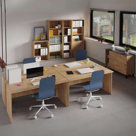 Pack Muebles Oficina 4 Escritorios 155 cm + 3 Estanterías Diferentes Tamaños + Aparador + Librería Color Roble Gold (1/5)