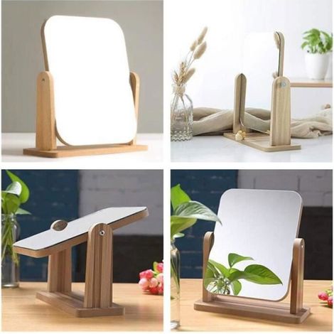 Miroir de Maquillage Rectangulaire - Bois Massif - 22x18cm - 360° Rotatif (1/4)